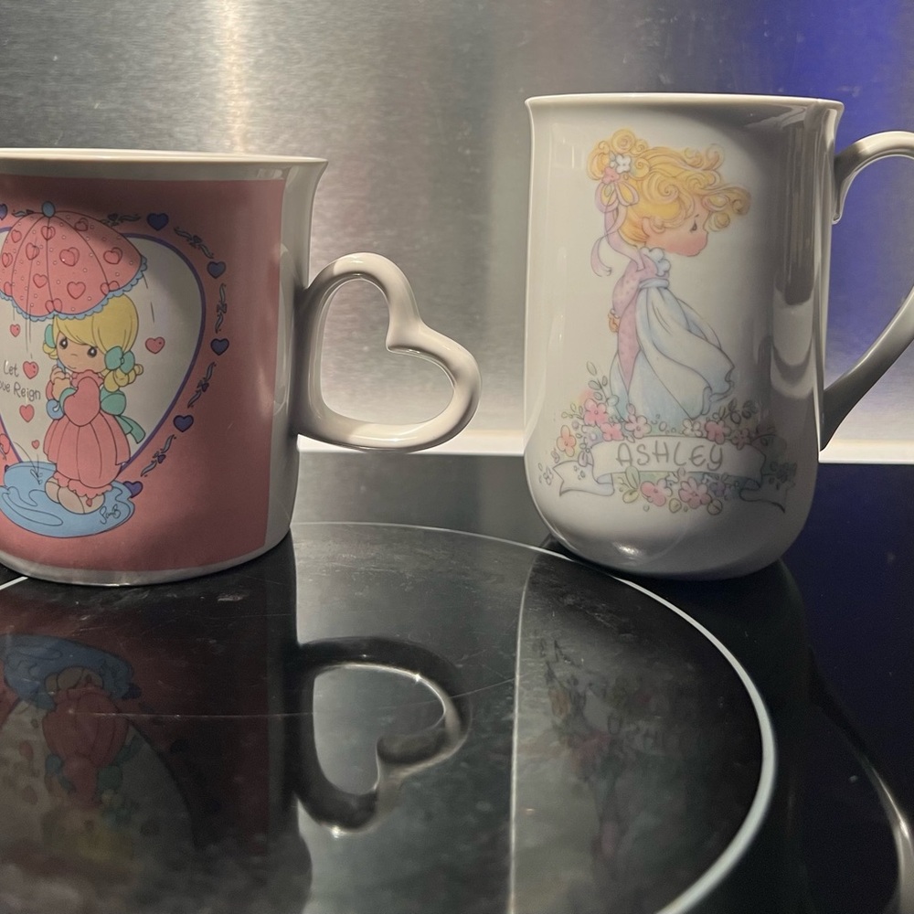 Set of Two Precious Moments Heart Handle Mugs with Cute Illustrations